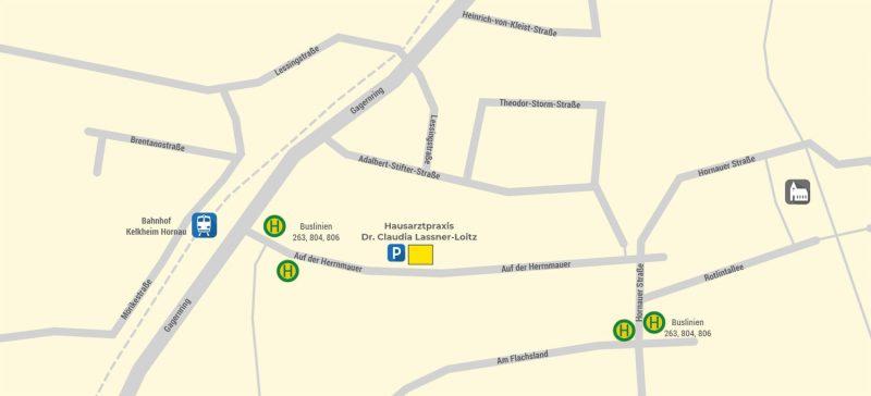 Wegeskizze, auf der der Weg zur Praxis und die Haltestellen öffentlicher Verkehrsmittel gezeigt wird.